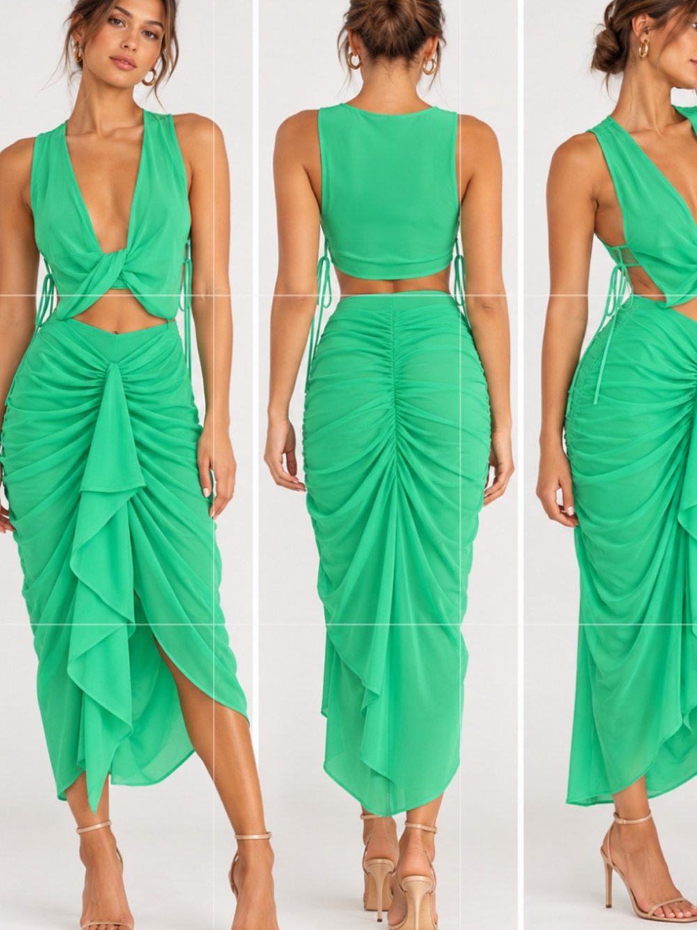 AFRM sold at Free People Green Ruched Twist-Front High-Low Set Top and Skirt